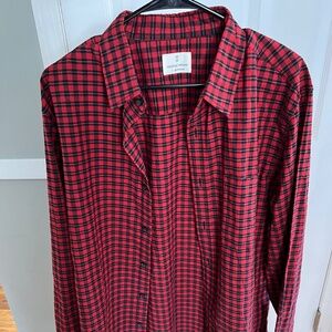 Men's Large Red Plaid Button Shirt Long Sleeve Mutual Weave Stretch Cotton